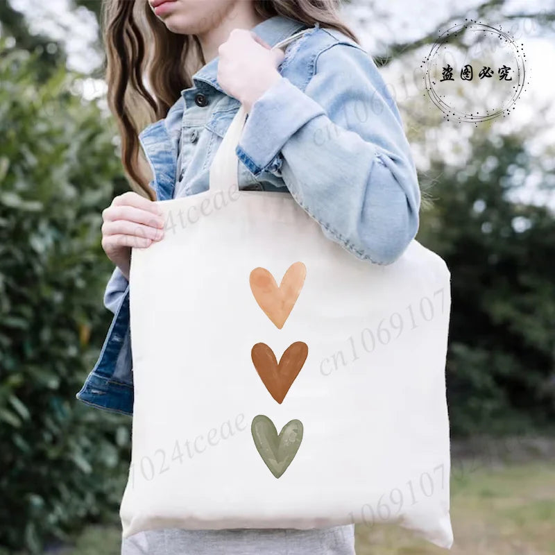 Large Capacity Canvas Shoulder Bag – Harajuku Watercolor Heart Print Shopper Tote