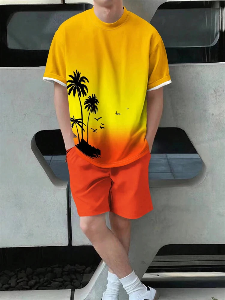 Men's Hawaiian Gradient Coconut Print T-Shirt & Pants 2-Piece Set – Beach Summer Sport