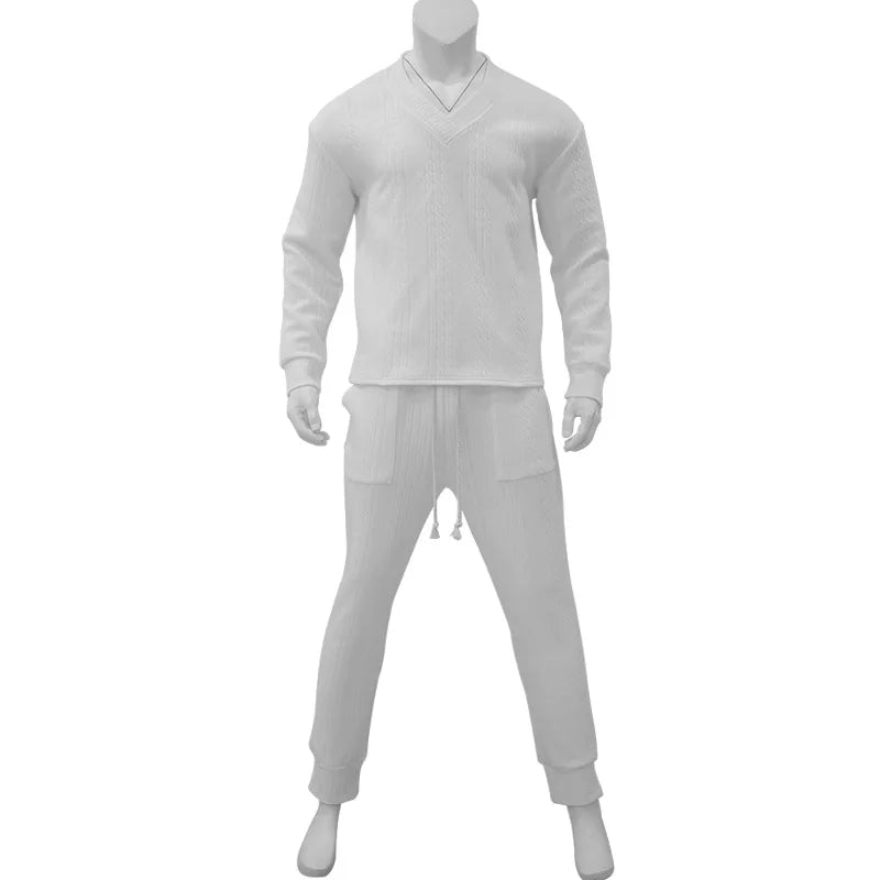 Men's Jacquard Knit Sweater & Casual Trousers Two-Piece Set