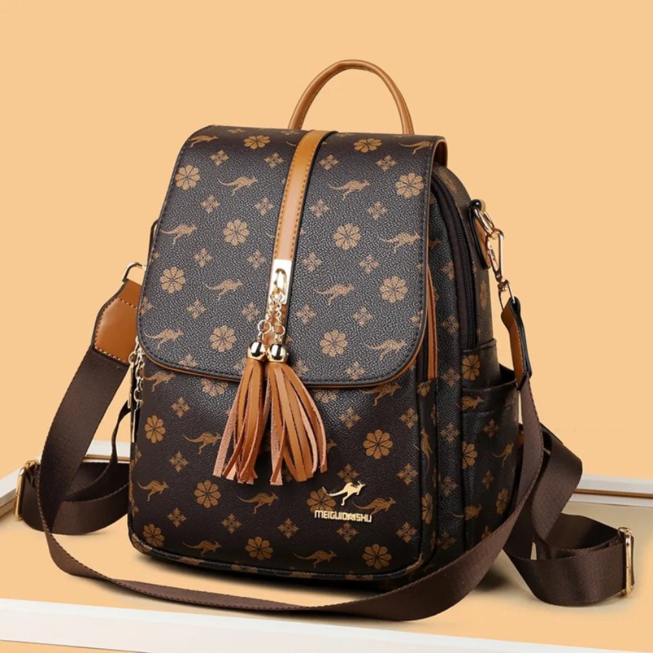 Women's Luxury Leather Backpack – Vintage Print Tassel Fashion Bag