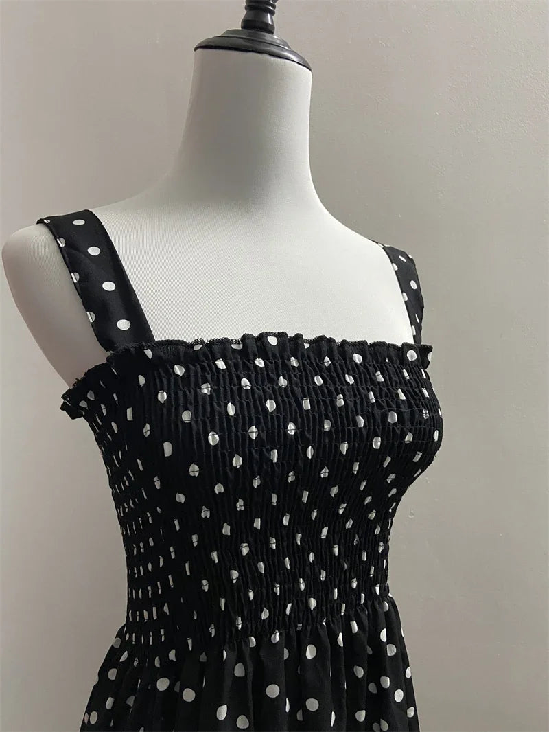 Polka Dot Square Neck Chiffon Maxi Dress — Sleeveless Elegant Long Dress