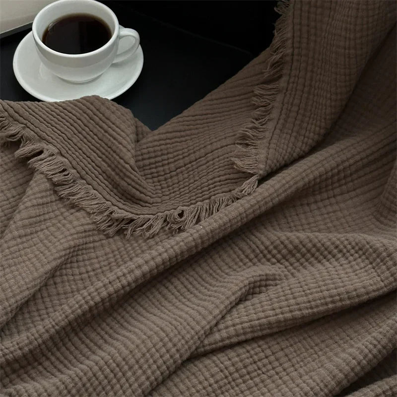 100% Cotton Tassel Blanket – Skin-Friendly Plaid Sofa Throw & Bed Shawl, Solid Color