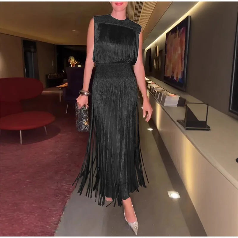 Sequin Tassel Evening Dress — Sleeveless O-Neck High Waist Slim Long Party Dress