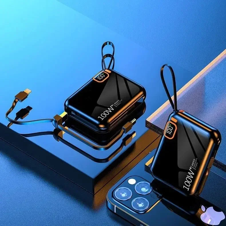 66W Portable Mini Power Bank 20000mAh – Built-in Cable, PD Fast Charging for iPhone & Android