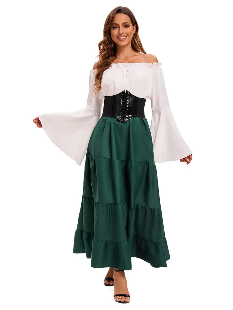 Medieval Renaissance Costume Dress — Off-Shoulder Victorian Queen Outfit with Waist Corset