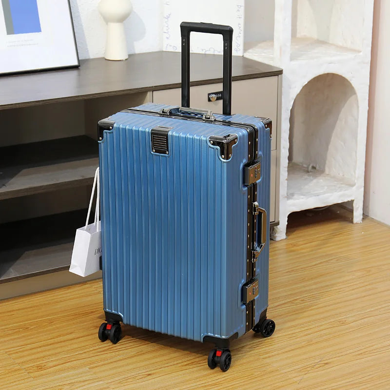 Aluminum Frame Leather Trolley Case — 20"/24"/26"/28" Universal Wheels