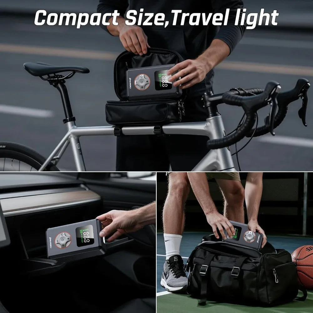 Person using a compact device in various settings with text 'Compact Size, Travel light'.