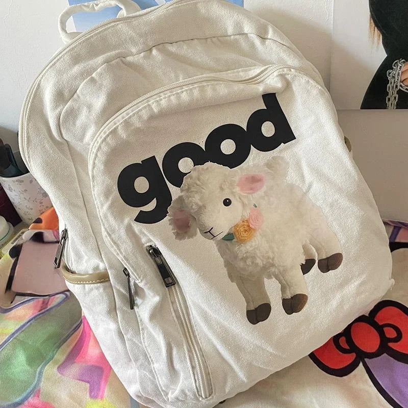 Y2K Aesthetic Cute Sheep Canvas Backpack – Japanese Cartoon School Bag for Women