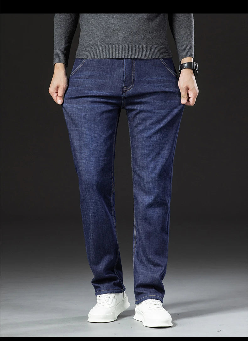 Men's Fleece-Lined Straight Denim Jeans — Warm Thick Winter Stretch Jeans