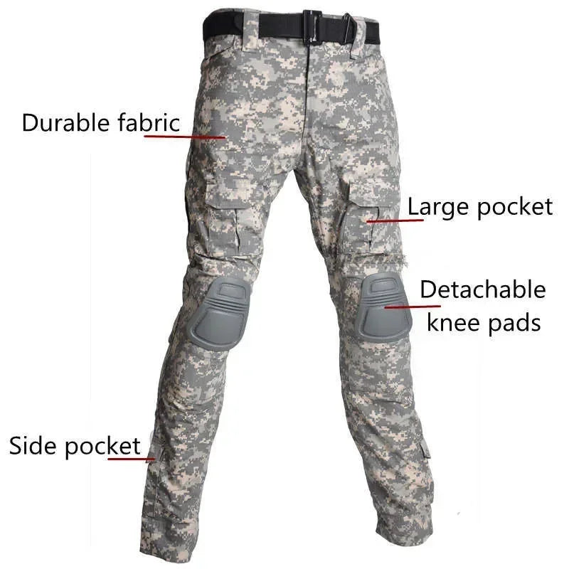 Men's Tactical Combat Suit – Camo Hooded Shirt & Cargo Pants with Pads