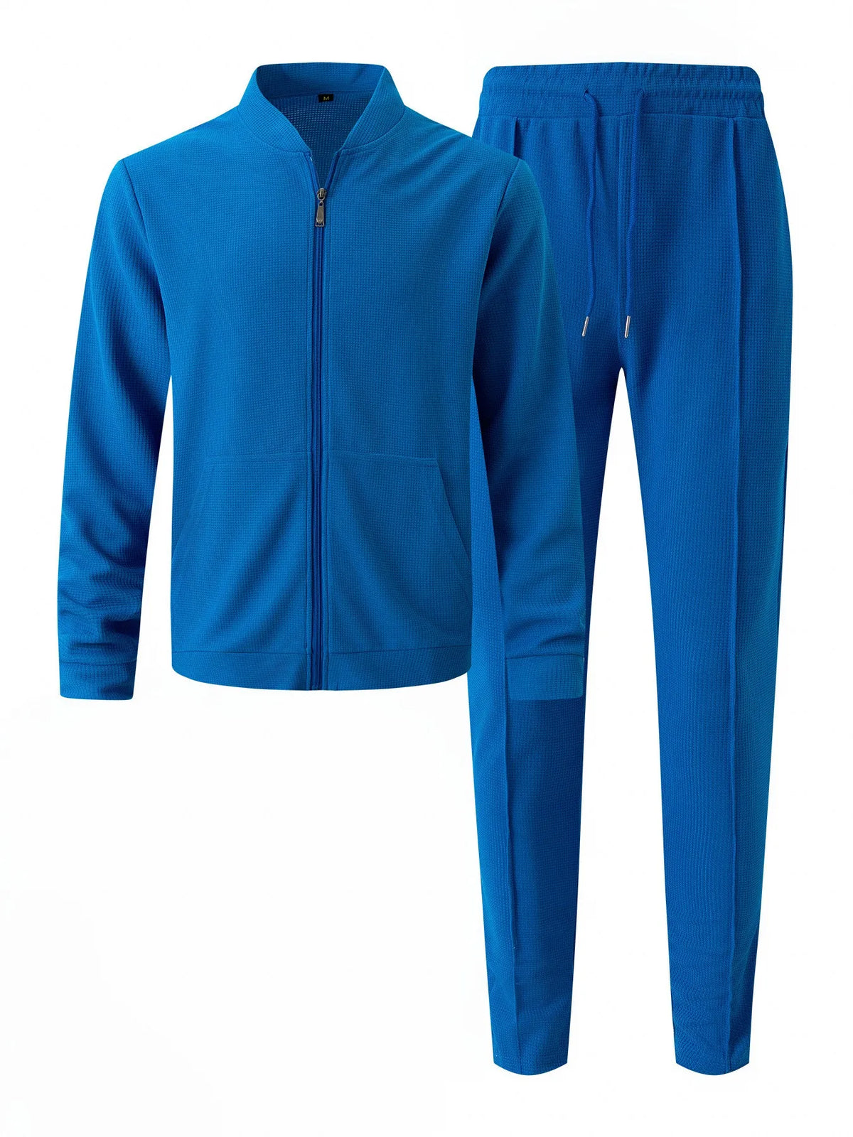 Men's Solid Color Waffle Knit Baseball Tracksuit – Stand Collar Zip Jacket & Drawstring Pants