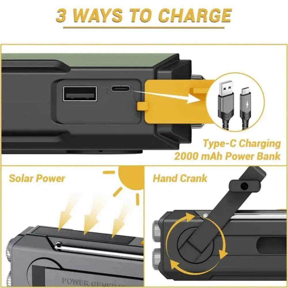 Emergency Weather Radio — FM/AM/WB, Hand Crank Solar, 2000mAh Power Bank & LED Flashlight