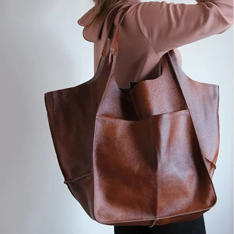 Retro Minimalist Embroidered Large Tote Shoulder Bag – Oversized Shopping Class Bag for Women