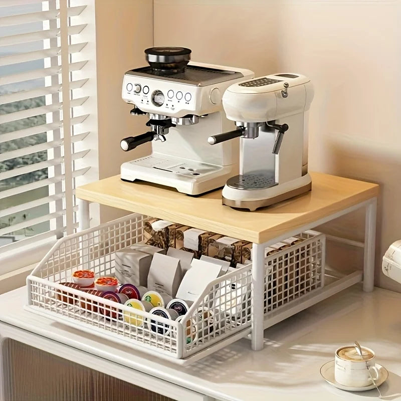 Modern Solid Wood & Metal Microwave Storage Rack — Space-Saving Countertop Kitchen Shelf