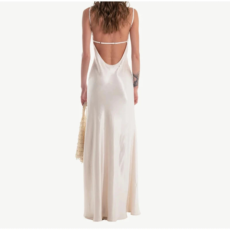 Lace Patchwork Satin Maxi Gown — V-Neck Sleeveless Backless Evening Dress