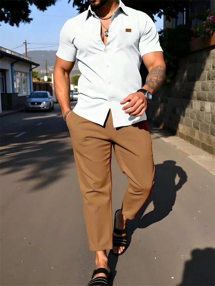 Men's 3D Striped Print Lapel Shirt & Shorts Casual Set – Autumn Outdoor 2-Piece