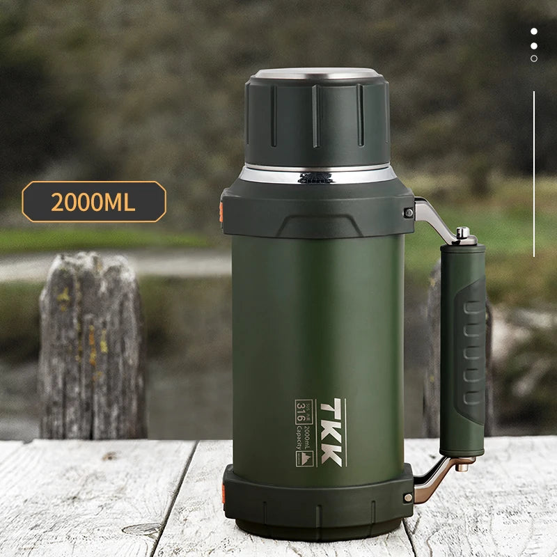 TKK 2000ml 316 SS Vacuum Thermos Flask with Rope – BPA-Free, Hot & Cold, Ergonomic Spout, 68oz Large Capacity