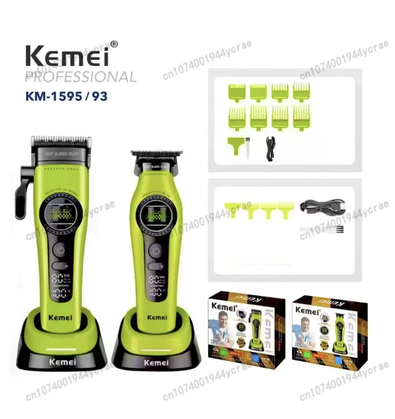 Kemei KM-1593 / KM-1595 Brushless Hair Clipper – DLC Blade, 8000 RPM, 200-Min Runtime, USB-C