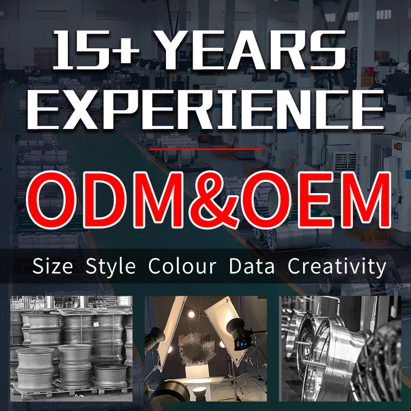 Promotional graphic with large text reading '15+ YEARS EXPERIENCE ODM&OEM' over a dark industrial factory background, plus smaller photos of metal parts, stamping equipment, and a workshop scene. This is not a clean product photo, not a person-centered lifestyle image, and not a measurement chart, color swatch, or instruction diagram.
