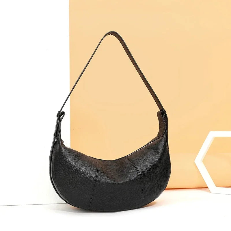 Badiman Genuine Cowhide Half-Moon Underarm Bag – Large Capacity Shoulder Crossbody Tote for Women