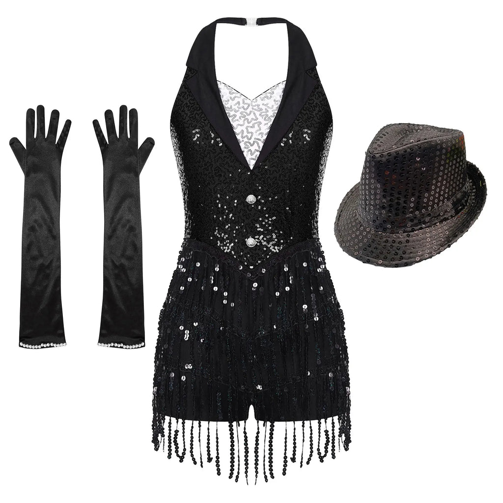 Women's Sequin Dance Dress – Shiny Sleeveless Latin Jazz Tango Salsa Leotard Bodysuit Outfit