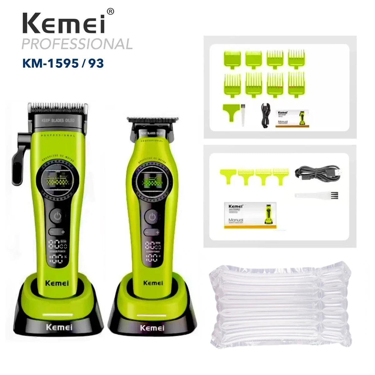 Kemei KM-1593 / KM-1595 Professional Brushless Clipper – 5-Speed, DLC Blade, 200-Min, USB-C
