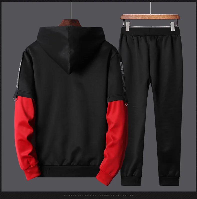 Men's Patchwork Hoodie & Sweatpants 2-Piece Tracksuit – Hip Hop Streetwear Set