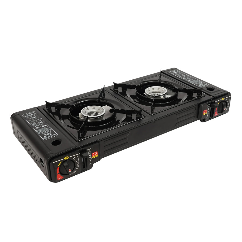 2-Burner Portable Camping Stove — 2500W Each, Butane/LPG, Piezo Ignition, Carry Case Included
