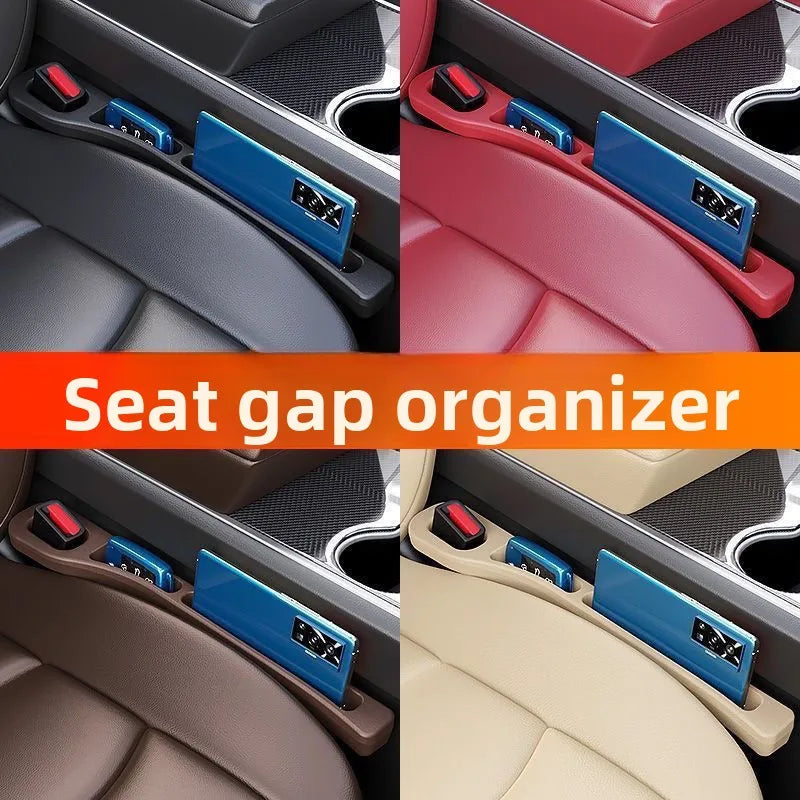 Four-panel collage showing a blue seat gap organizer insert installed between car seats in different interior colorways, with an orange text banner reading 'Seat gap organizer'.