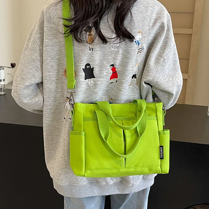 Multi-Pocket Canvas Tote Shoulder Bag – Large Capacity Commuter Shopping Handbag for Women