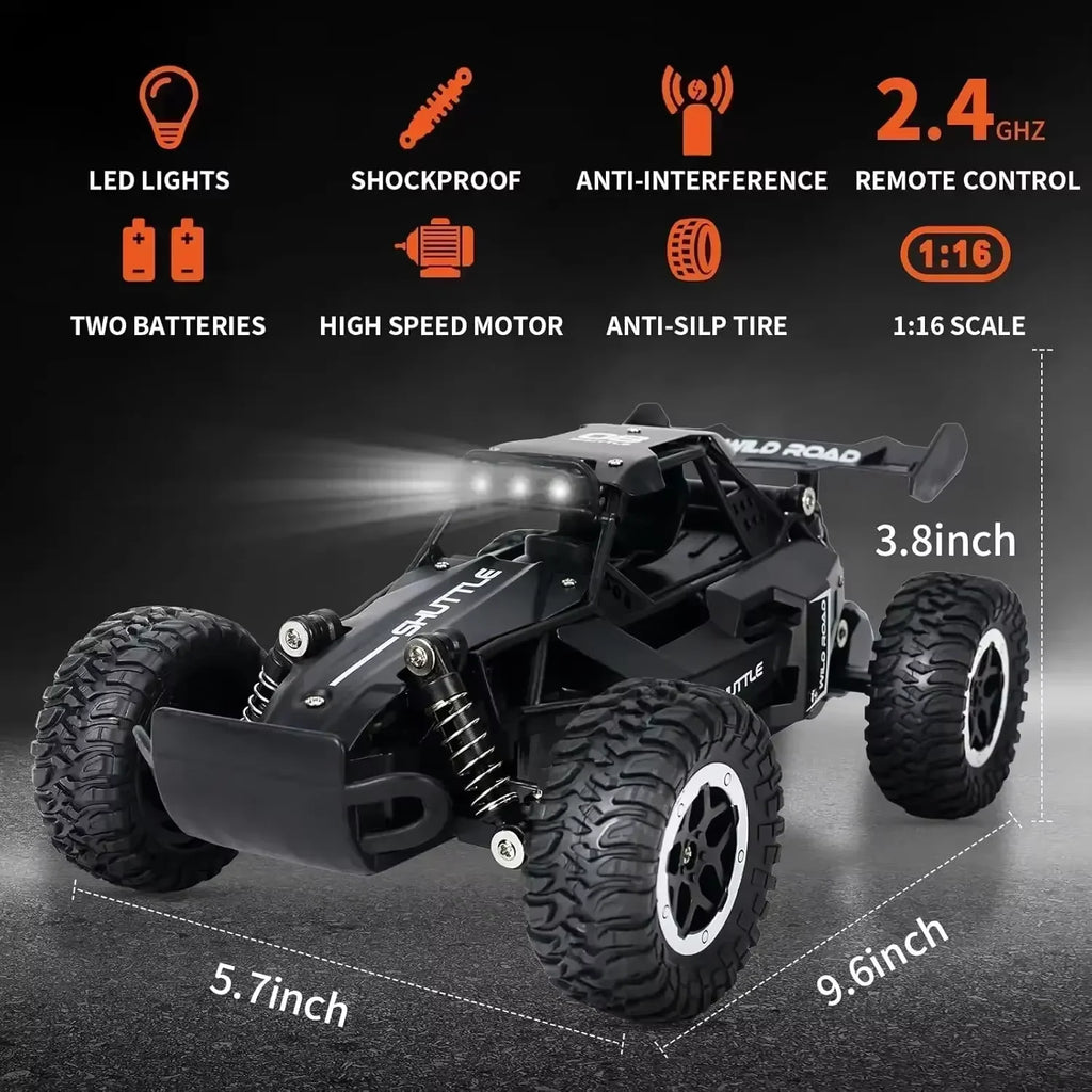 Black remote control car with features listed on a dark background