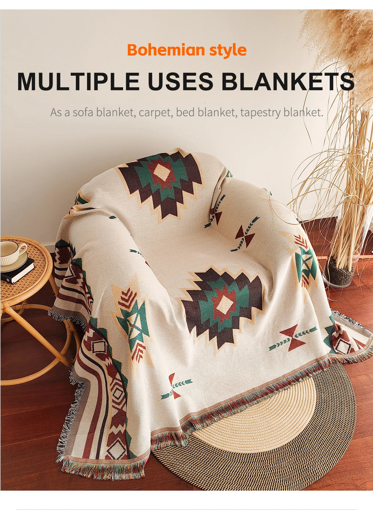 Aztec Boho Throw Blanket with Fringe – Oversized Southwestern Geometric Tapestry, Double-Sided Woven