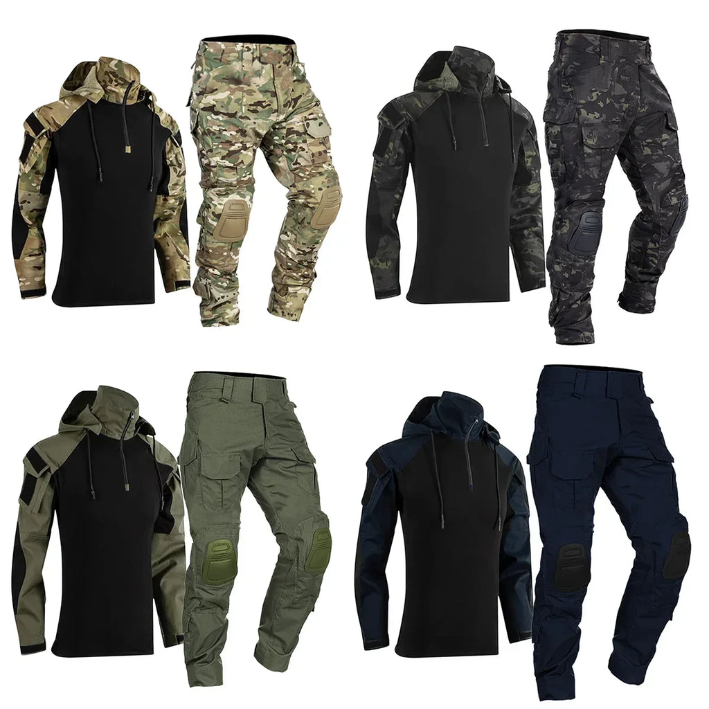 Men's Tactical Combat Suit – Camo Hooded Shirt & Cargo Pants with Pads