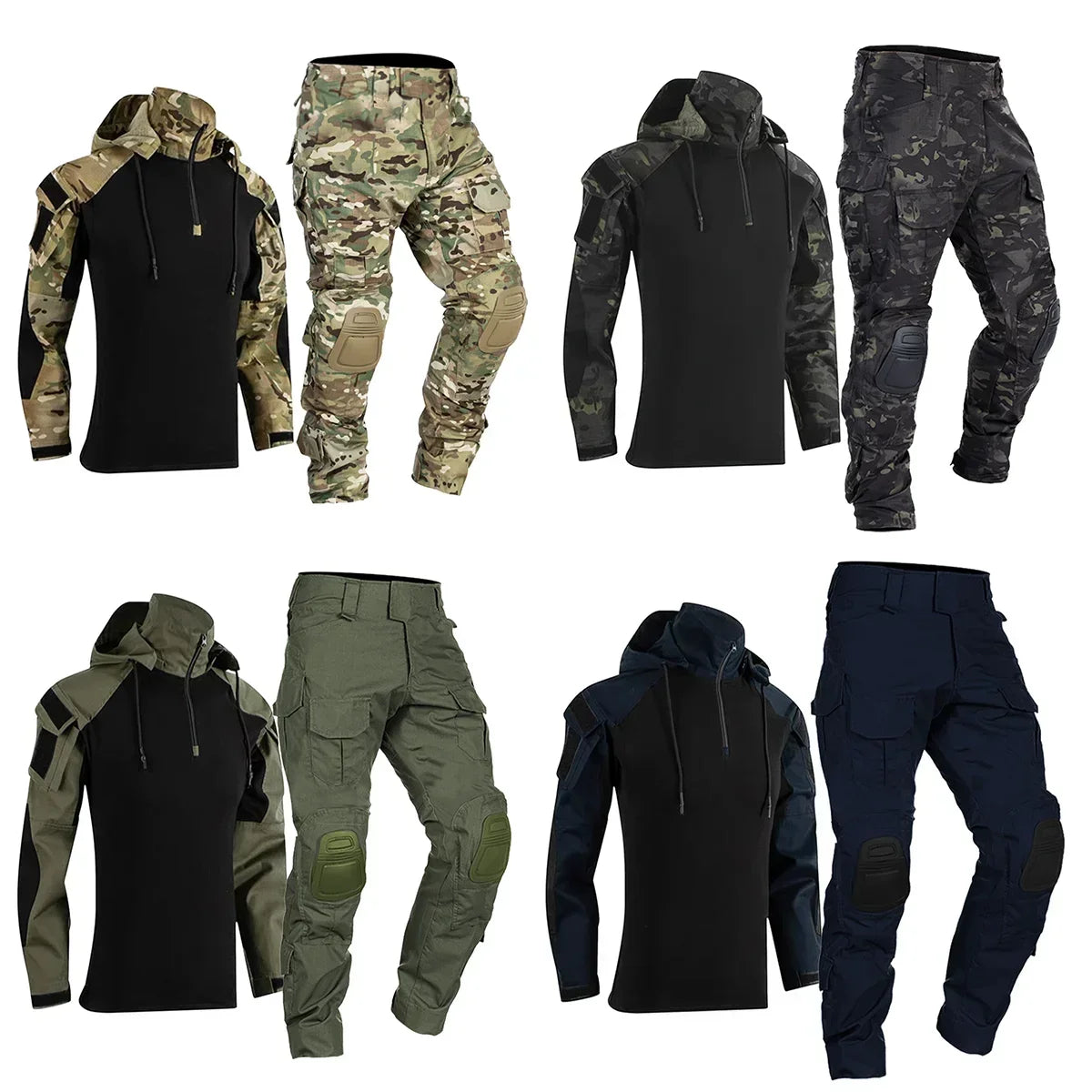 Men's Tactical Combat Suit – Camo Hooded Shirt & Cargo Pants with Pads