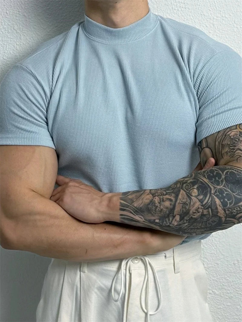 Men's Striped High Collar Short Sleeve Fitness Top — Athletic Training Shirt