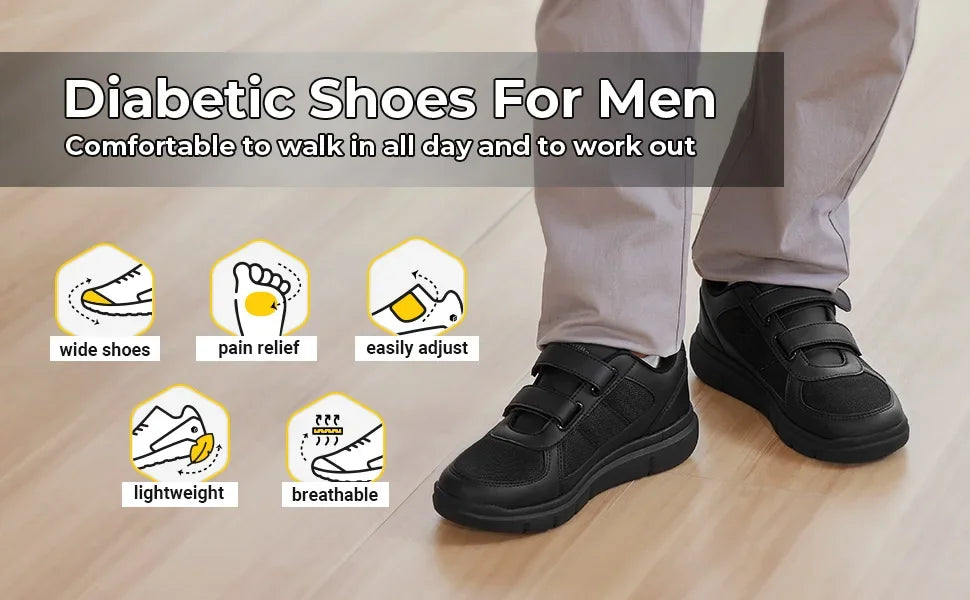 Men's Extra Wide Diabetic Flat Shoes – Orthopedic Wide Fit for Elderly Neuropathy, Swollen Feet & Foot Pain Relief
