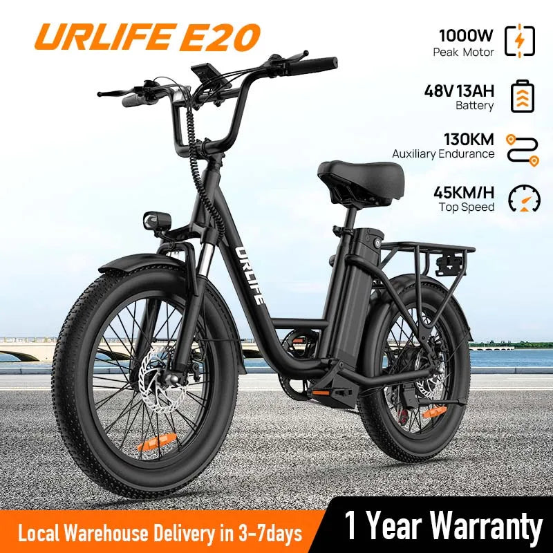 URLIFE E20 1000W Fat Tire Electric Bike — 48V 13Ah, 28MPH, 80-Mile Range, 7-Speed, Dual Disc Brake