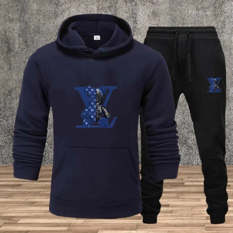 Men's Printed Hoodie Sweatshirt Set – 2-Piece Fleece Jogging Tracksuit
