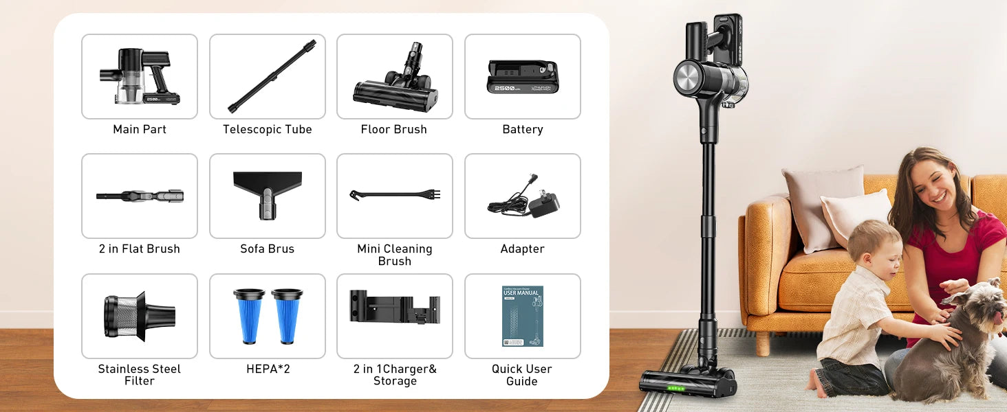 SUXIANGVAC Cordless Stick Vacuum Cleaner — 500W 55Kpa, 55-Min Runtime, Anti-Tangle, HEPA, Self-Standing