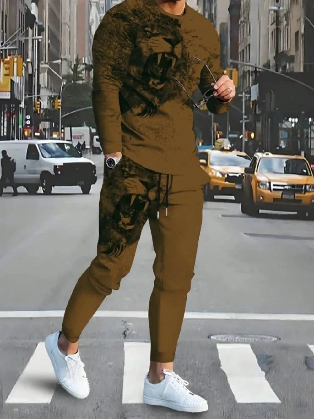 Men's Lion Print Long Sleeve T-Shirt & Drawstring Pants Set – Breathable 2-Piece