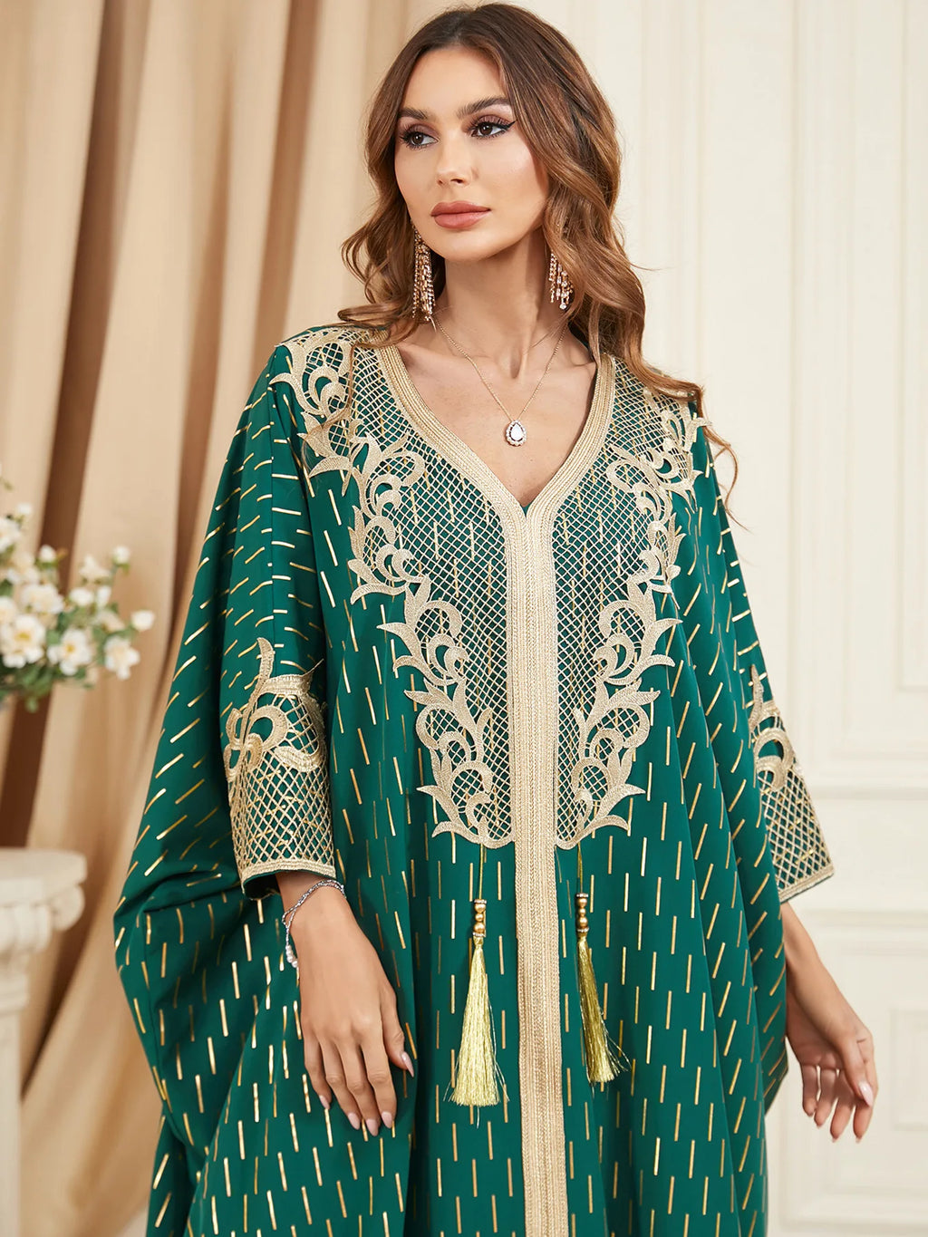 Muslim Abaya Bat Sleeve V-Neck Tassel Evening Dress — Loose Elegant Dubai Maxi Robe