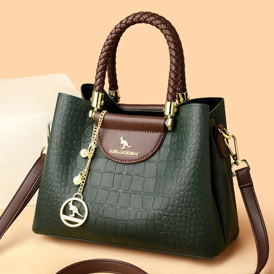 VANDERWAH Woven Handle Alligator Microfiber Leather Tote – Luxury Designer Shoulder Handbag for Women