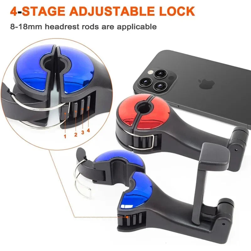 Black adjustable phone mount clip shown on a white background with a smartphone, a circular inset detail of the locking mechanism, and orange text reading '4-STAGE ADJUSTABLE LOCK' and '8-18mm headrest rods are applicable'.