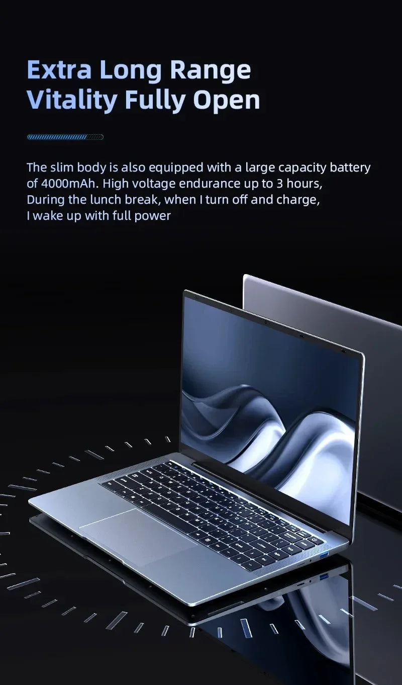 14.1" Intel N3700 Slim Laptop – 16GB DDR4, Up to 2TB SSD, Dual Cameras, Wi-Fi 6, Windows 11