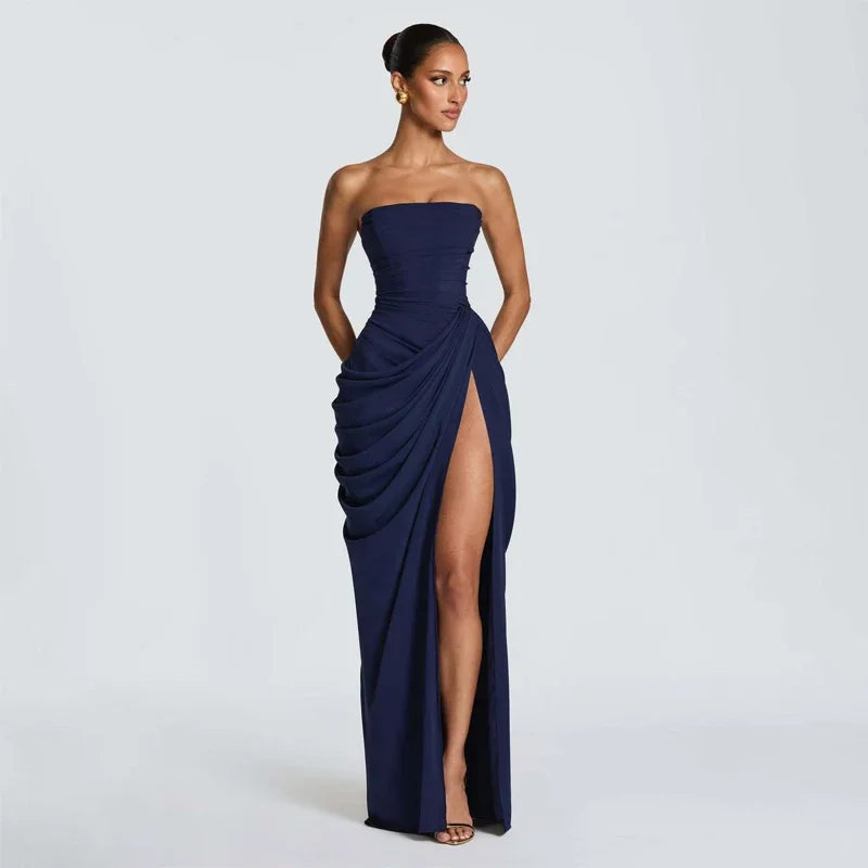 Sexy Strapless Pleated Maxi Dress – Off-Shoulder Backless High Waist Split Evening Party Gown
