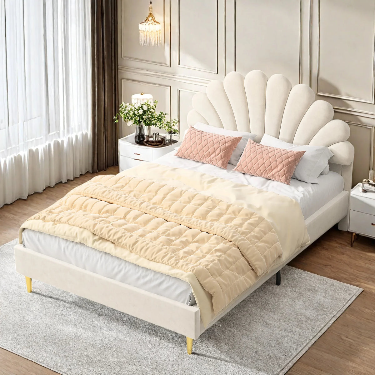 Elegant Upholstered Double Bed Frame – Flower-Shaped Headboard, Velvet Cover, 140x200cm, No Mattress