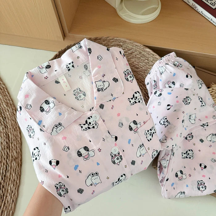 Women's Kawaii Goose Print Y2K Pajamas Set | Korean Fashion Lapel Neck Autumn Loungewear