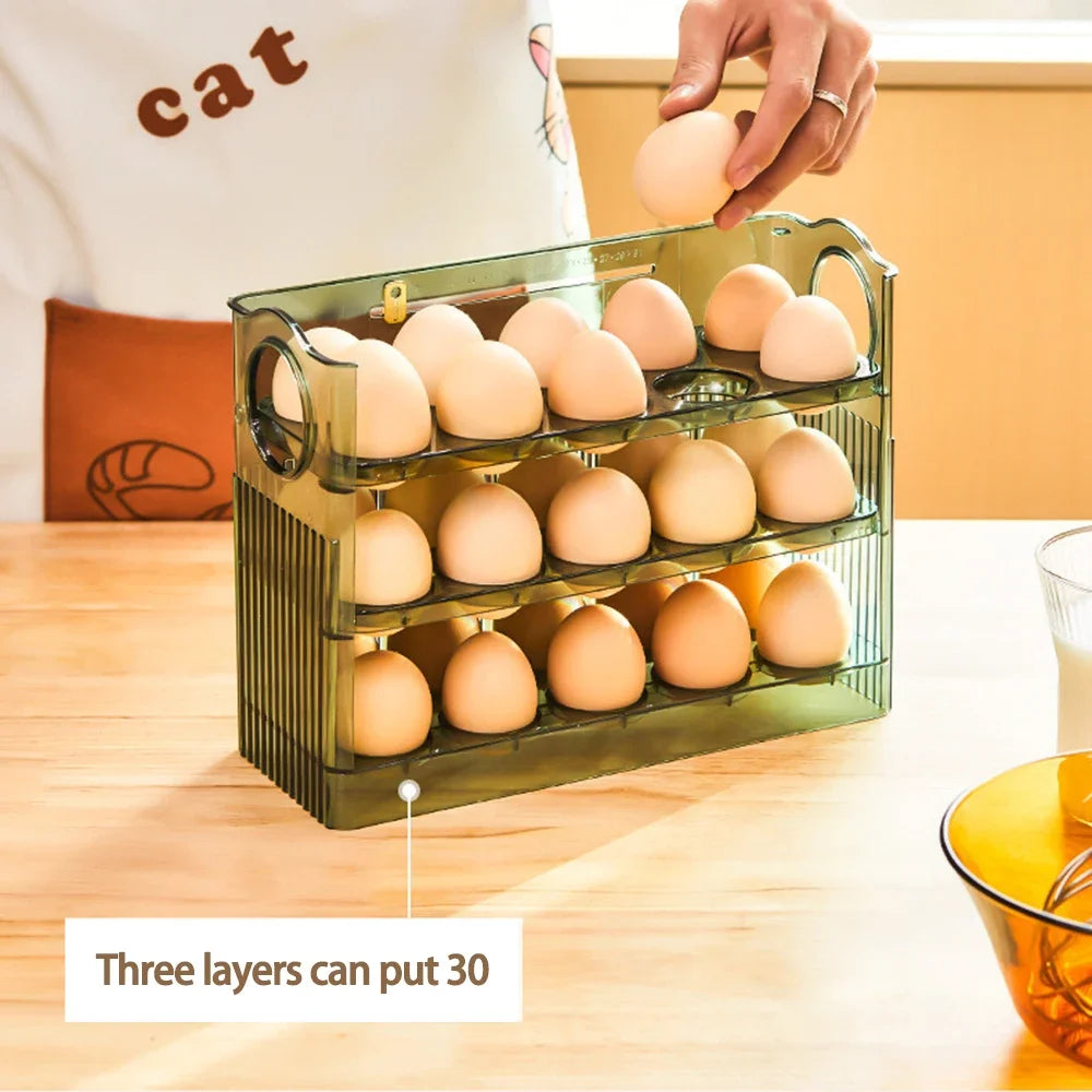3-Layer Flip Egg Storage Box for Refrigerator – Holds 30 Eggs, Space-Saving Fridge Door Organizer