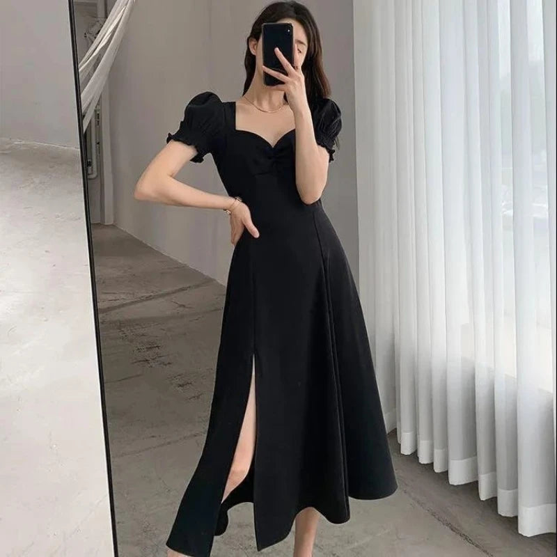 V-Neck Puff Sleeve A-Line Maxi Dress — Side Slit Slim Evening Party Dress