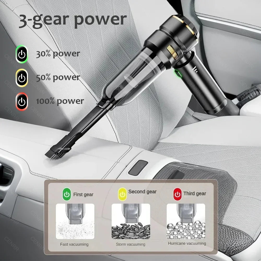 CENRR Wireless Car Vacuum Cleaner — 3-Gear Brushless Motor, 6000mAh, 9 Accessories, USB-C Charging